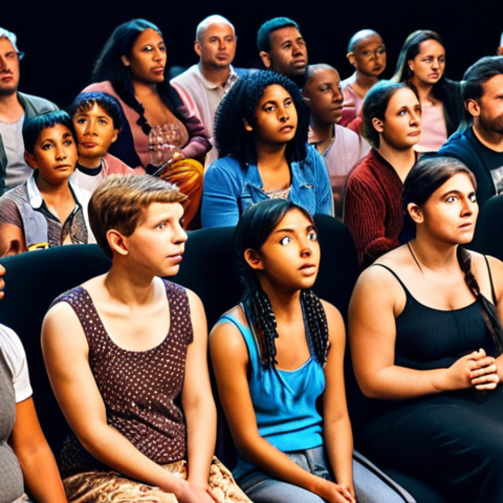 ** A diverse group of people intently listening to a captivating storyteller on a global stage. Focus on expressions of wonder and connection. Keywords: engaging, international, diverse audience, storytelling magic.

**