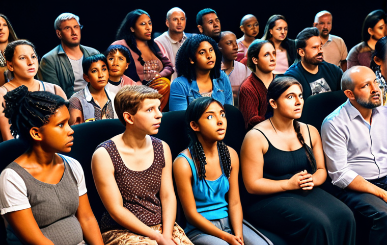 ** A diverse group of people intently listening to a captivating storyteller on a global stage. Focus on expressions of wonder and connection. Keywords: engaging, international, diverse audience, storytelling magic.

**