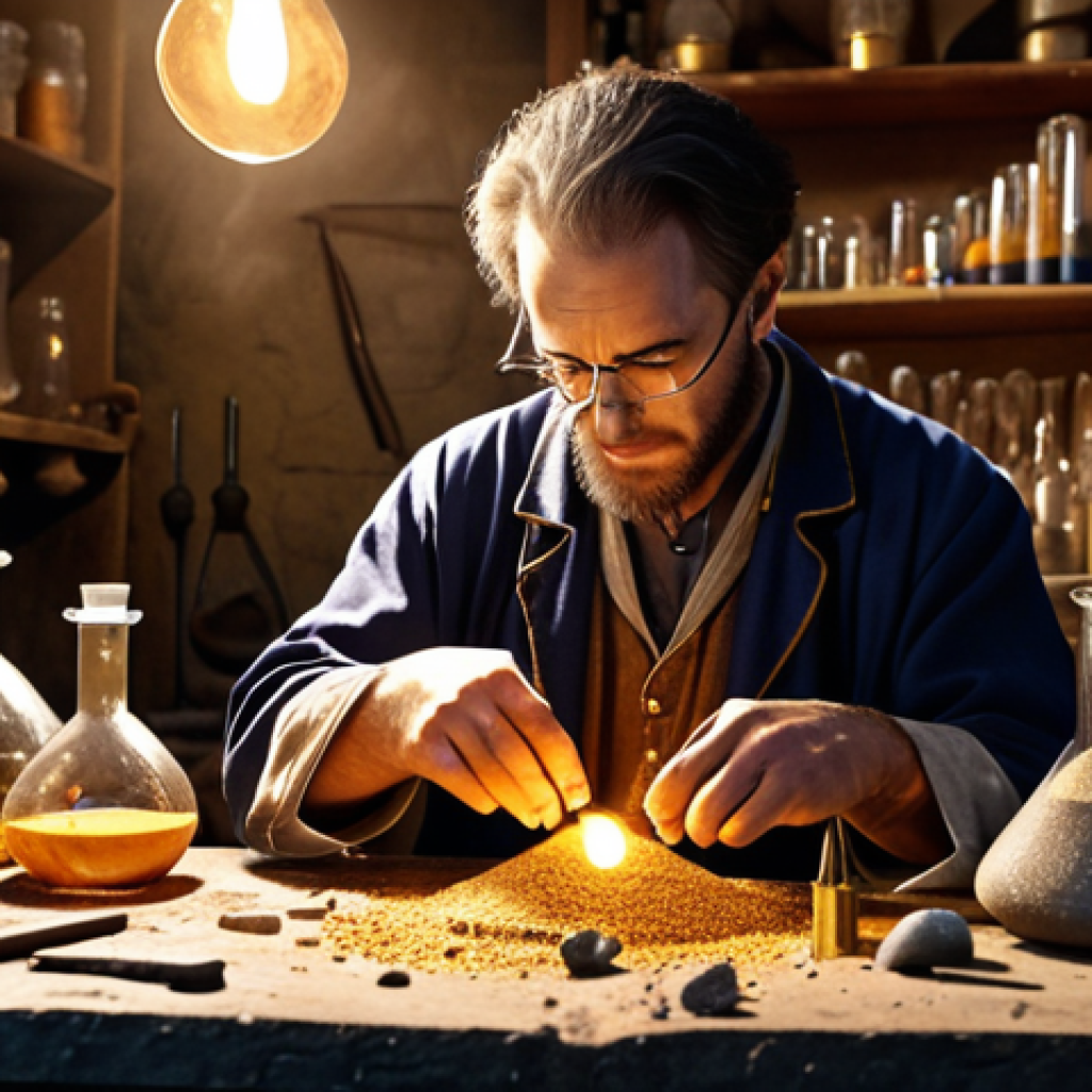 ** A skilled alchemist in a workshop, surrounded by beakers and tools, transforming ordinary objects (like rocks and dirt) into shining gold. The lighting is dramatic, emphasizing the transformative process. The scene should evoke a sense of magic and ingenuity. This represents the "alchemy" of turning mundane brand elements into compelling stories.

**