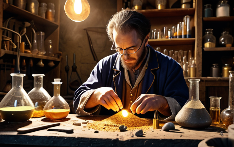 ** A skilled alchemist in a workshop, surrounded by beakers and tools, transforming ordinary objects (like rocks and dirt) into shining gold. The lighting is dramatic, emphasizing the transformative process. The scene should evoke a sense of magic and ingenuity. This represents the "alchemy" of turning mundane brand elements into compelling stories.

**