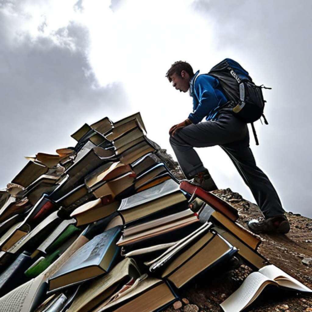 **

A determined person climbing a steep mountain representing the storytelling exam, with books and speaking skills as handholds. The summit is labeled "Success." Overcast sky, symbolizing the perceived difficulty, but with rays of sunlight breaking through.

**