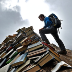 **

A determined person climbing a steep mountain representing the storytelling exam, with books and speaking skills as handholds. The summit is labeled "Success." Overcast sky, symbolizing the perceived difficulty, but with rays of sunlight breaking through.

**
