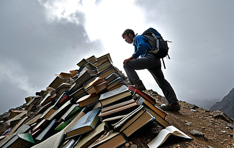 **

A determined person climbing a steep mountain representing the storytelling exam, with books and speaking skills as handholds. The summit is labeled "Success." Overcast sky, symbolizing the perceived difficulty, but with rays of sunlight breaking through.

**
