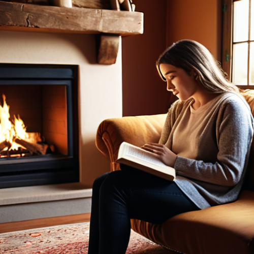 Cozy Storytelling Scene**

A warm, inviting scene of a person sitting comfortably in a cozy room, perhaps near a fireplace or a window with soft lighting, holding a book or microphone, conveying a sense of passion and engagement in storytelling. Focus on conveying the love for stories.

**