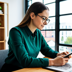 A professional female content creator in a modest business casual attire, seated at a sleek wooden desk. She is deeply focused on sketching story ideas on a large, high-resolution digital tablet. The setting is a brightly lit, modern co-working space with panoramic city views through large windows. Bookshelves filled with diverse literature and green plants are visible in the background, creating an inspiring atmosphere. fully clothed, appropriate attire, safe for work, appropriate content, perfect anatomy, correct proportions, natural pose, well-formed hands, proper finger count, natural body proportions, professional photography, high quality, family-friendly.