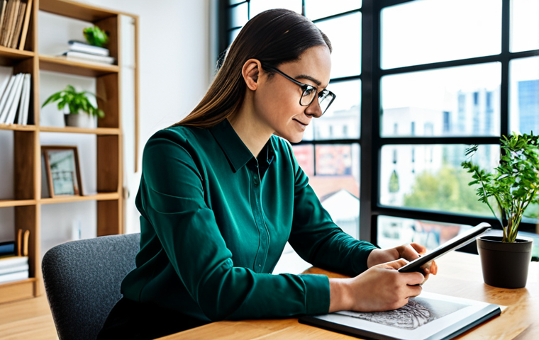 A professional female content creator in a modest business casual attire, seated at a sleek wooden desk. She is deeply focused on sketching story ideas on a large, high-resolution digital tablet. The setting is a brightly lit, modern co-working space with panoramic city views through large windows. Bookshelves filled with diverse literature and green plants are visible in the background, creating an inspiring atmosphere. fully clothed, appropriate attire, safe for work, appropriate content, perfect anatomy, correct proportions, natural pose, well-formed hands, proper finger count, natural body proportions, professional photography, high quality, family-friendly.