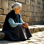 A contemplative female storyteller, dressed in modest professional attire, fully clothed, sitting quietly on a stone bench near an ancient city wall. She subtly observes an elderly woman with silver hair, also fully clothed in traditional modest garments, meticulously mending fabric with her hands. The scene is bathed in soft, natural sunlight, highlighting the textures of the old wall and the aged fabric. The atmosphere is serene and timeless, capturing a moment of quiet dignity. Perfect anatomy, correct proportions, natural pose, well-formed hands, proper finger count, natural body proportions, professional photography, high quality, safe for work, appropriate content, fully clothed, family-friendly.