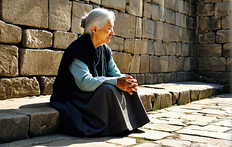 A contemplative female storyteller, dressed in modest professional attire, fully clothed, sitting quietly on a stone bench near an ancient city wall. She subtly observes an elderly woman with silver hair, also fully clothed in traditional modest garments, meticulously mending fabric with her hands. The scene is bathed in soft, natural sunlight, highlighting the textures of the old wall and the aged fabric. The atmosphere is serene and timeless, capturing a moment of quiet dignity. Perfect anatomy, correct proportions, natural pose, well-formed hands, proper finger count, natural body proportions, professional photography, high quality, safe for work, appropriate content, fully clothed, family-friendly.