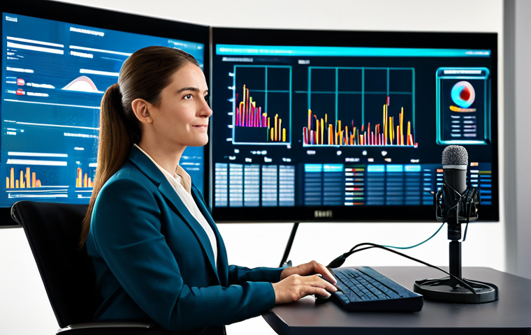 A professional female content creator, adult, engaged in digital storytelling, dressed in a modest business suit, fully clothed, appropriate attire, professional dress. She is in a modern, well-lit digital studio, surrounded by sleek screens displaying data analytics, audience engagement metrics, and creative content elements. A professional microphone setup is visible on a desk. The pose is natural, she is looking thoughtfully at a screen with a slight smile. Perfect anatomy, correct proportions, well-formed hands, proper finger count, natural body proportions. Professional photography, high-resolution, sharp focus, cinematic lighting, ultra-detailed, safe for work, appropriate content, fully clothed, professional, family-friendly.