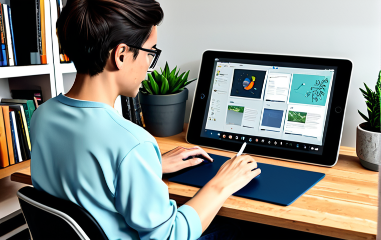 **

A digital artist using a tablet and stylus, surrounded by multiple screens displaying various creative software interfaces (Typora, XMind, Canva). The artist is focused and wearing casual, comfortable clothing. Background shows a bright, modern workspace with bookshelves and plants. Professional digital art style, perfect anatomy, natural pose, well-formed hands, appropriate attire, fully clothed, safe for work, professional, modest, family-friendly, appropriate content.

**