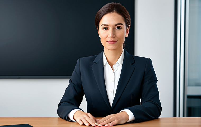 ** Professional businesswoman in a modest business suit, sitting at a desk in a modern office, fully clothed, appropriate attire, safe for work, perfect anatomy, natural proportions, professional photography, high quality.

**