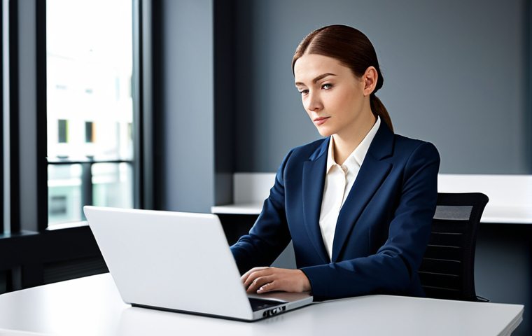 **Prompt:** A professional businesswoman in a modest business suit, sitting at a desk in a modern office, working on a laptop, fully clothed, appropriate attire, safe for work, perfect anatomy, natural proportions, professional photography, high quality, corporate environment.