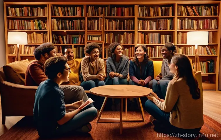 스토리텔러 실무에서의 성공 요인과 사례 - **The Heartfelt Storyteller:**
    A vibrant, warmly lit indoor scene featuring a diverse group of a...