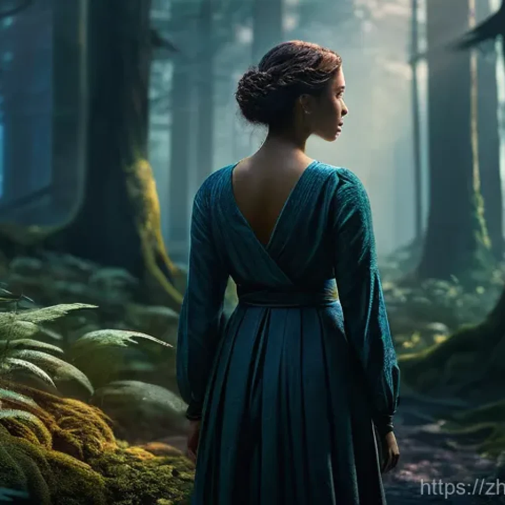 스토리텔러 실무에서의 창의적 문제 해결 사례와 전략 - **Prompt:** A young woman stands at a crossroads in a mystical, ethereal forest, bathed in soft twil...