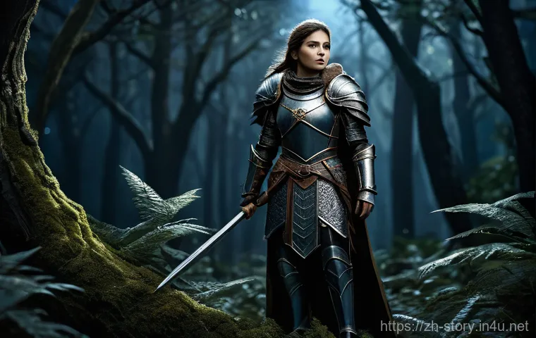 스토리텔러 실무에서의 창의적 문제 해결 사례와 전략 - **Prompt:** A young woman stands at a crossroads in a mystical, ethereal forest, bathed in soft twil...