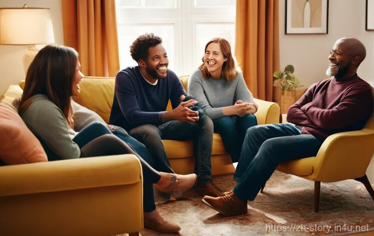 스토리텔러로서 커뮤니케이션 능력 강화 - **Prompt:** A diverse group of adults, aged 20s to 60s, gathered in a cozy, softly lit living room. ...