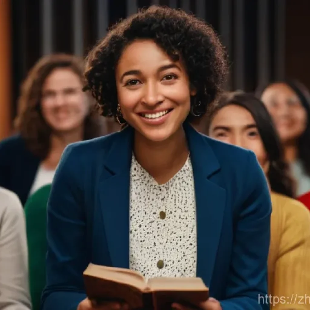스토리텔러 자격증과 관련된 준비 과정과 성공 전략 분석과 연구 - A passionate female storyteller, dressed in a stylish but modest outfit like a tailored blazer and a...