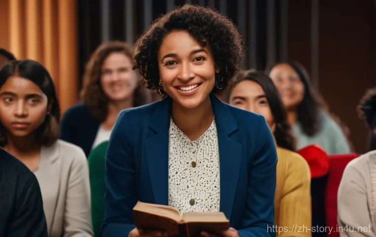 스토리텔러 자격증과 관련된 준비 과정과 성공 전략 분석과 연구 - A passionate female storyteller, dressed in a stylish but modest outfit like a tailored blazer and a...