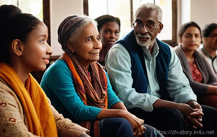 스토리텔러의 역할과 사회적 책임 - **Prompt:** A diverse group of people from various age groups and cultural backgrounds, fully clothe...