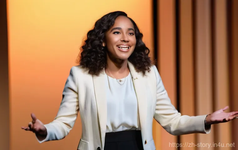 스토리텔러 실기 준비 요령 - **Prompt:** A charismatic female storyteller, wearing a stylish yet modest blazer over a soft blouse...