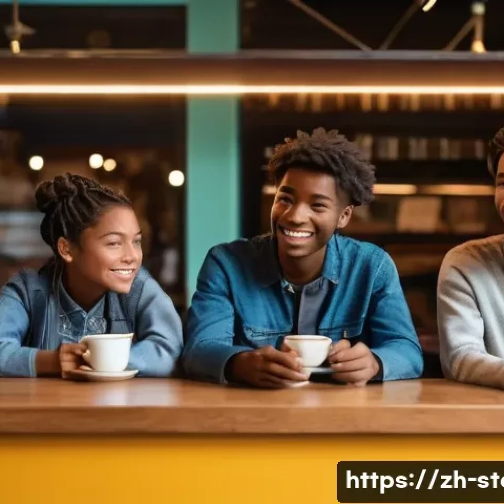 스토리텔러 직무의 전문성 높이는 법 - **Prompt:** A diverse group of people, aged 15 and above, sit in a brightly lit, modern café setting...