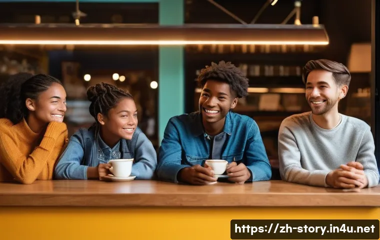 스토리텔러 직무의 전문성 높이는 법 - **Prompt:** A diverse group of people, aged 15 and above, sit in a brightly lit, modern café setting...