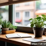 스토리텔러의 창의적 작업 프로세스 - A modern, cozy writer’s workspace set in a quiet café with warm natural sunlight streaming through l...