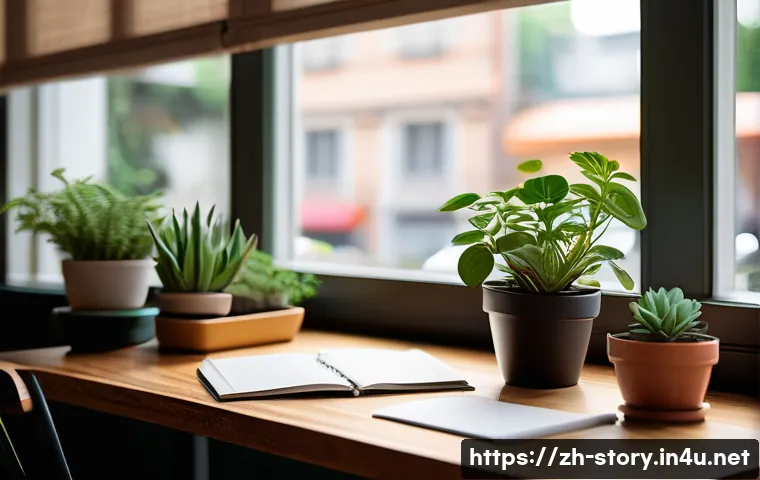 스토리텔러의 창의적 작업 프로세스 - A modern, cozy writer’s workspace set in a quiet café with warm natural sunlight streaming through l...
