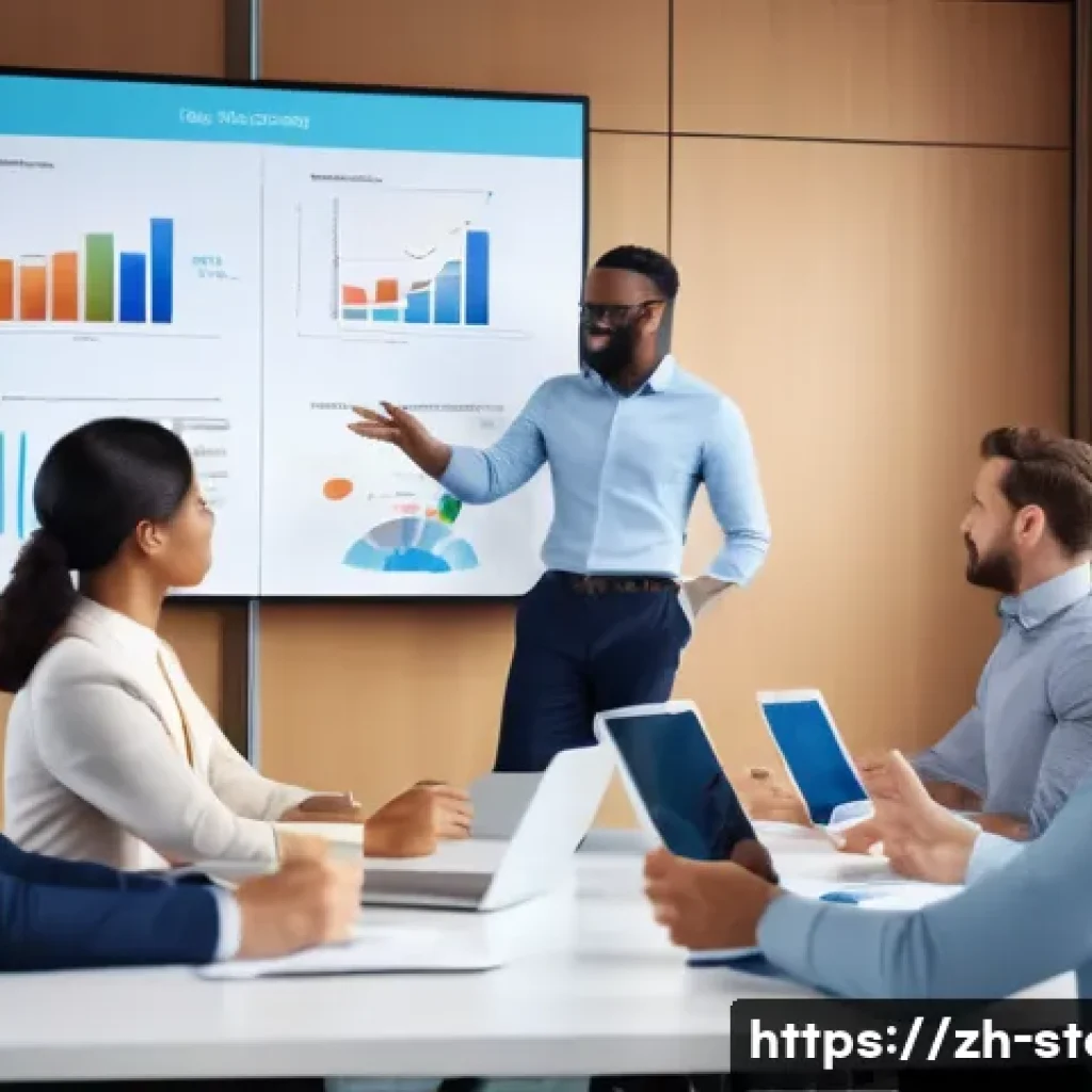 스토리텔러 자격증 취득의 장점 - A modern office meeting scene with diverse professionals attentively listening to a confident presen...