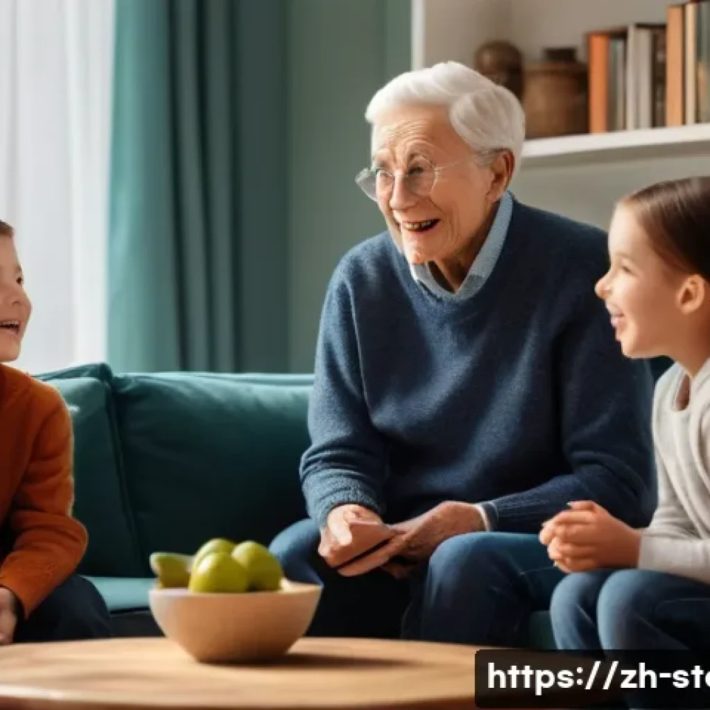 스토리텔러와 퍼포먼스 스토리텔링의 차이 - A warm and cozy family living room scene where an elderly grandparent is telling a heartfelt story t...