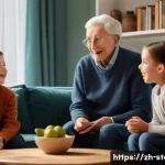 스토리텔러와 퍼포먼스 스토리텔링의 차이 - A warm and cozy family living room scene where an elderly grandparent is telling a heartfelt story t...