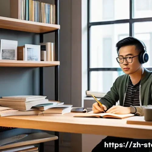 스토리텔러의 성장 기록 방법 - A cozy, modern workspace scene featuring a young Chinese storyteller sitting at a sleek desk, surrou...