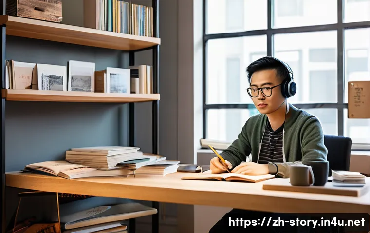 스토리텔러의 성장 기록 방법 - A cozy, modern workspace scene featuring a young Chinese storyteller sitting at a sleek desk, surrou...