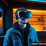 스토리텔러 관련 산업 트렌드 요약 - A futuristic virtual reality storytelling scene showing a young adult wearing high-tech VR headset a...