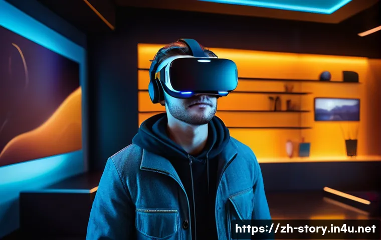 스토리텔러 관련 산업 트렌드 요약 - A futuristic virtual reality storytelling scene showing a young adult wearing high-tech VR headset a...
