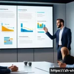 스토리텔러와 커뮤니케이션의 상관관계 - A dynamic business presentation scene in a modern conference room: a confident speaker passionately ...