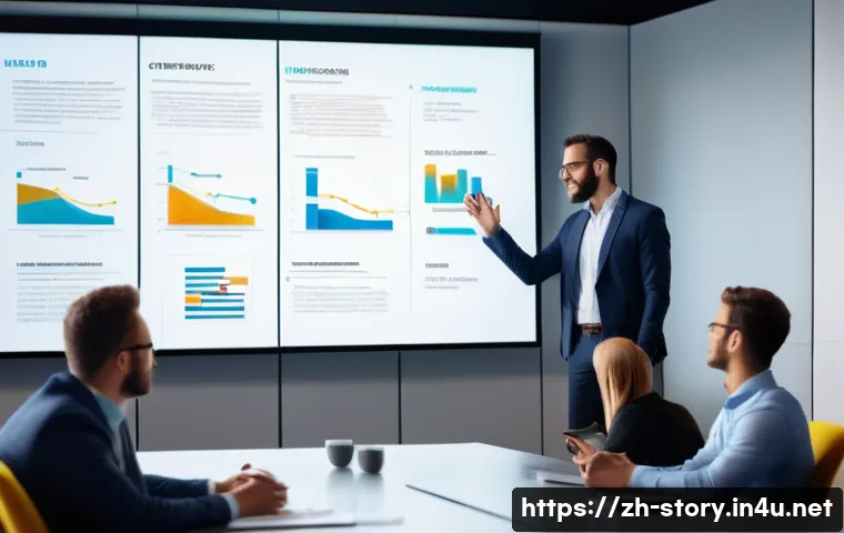 스토리텔러와 커뮤니케이션의 상관관계 - A dynamic business presentation scene in a modern conference room: a confident speaker passionately ...