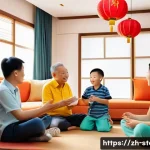 스토리텔러의 이야기가 사회에 미치는 영향 - A warm, intimate family gathering scene in a modern Chinese home, where an elder is animatedly telli...