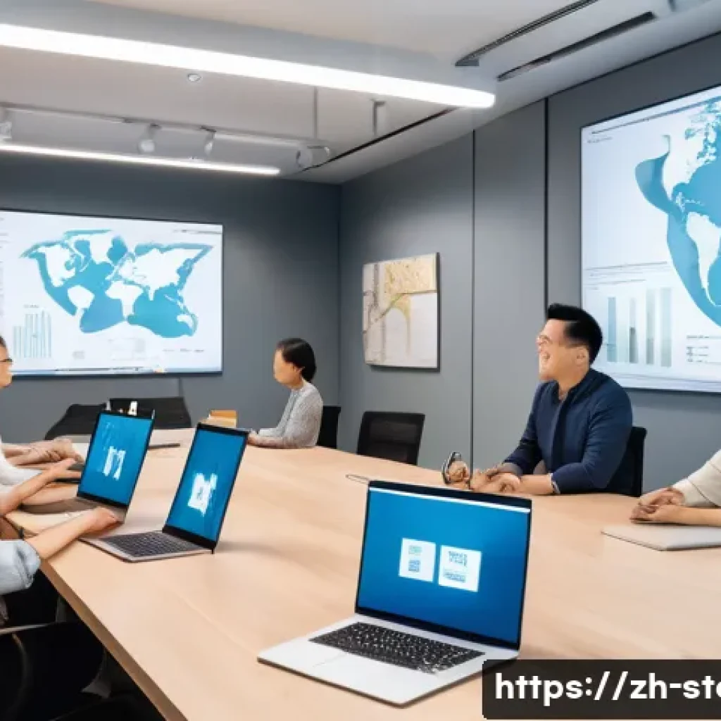 스토리텔러로서의 글로벌 진출 전략 - A vibrant, modern multicultural team collaborating in a bright, spacious office with diverse cultura...