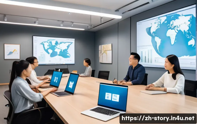 스토리텔러로서의 글로벌 진출 전략 - A vibrant, modern multicultural team collaborating in a bright, spacious office with diverse cultura...