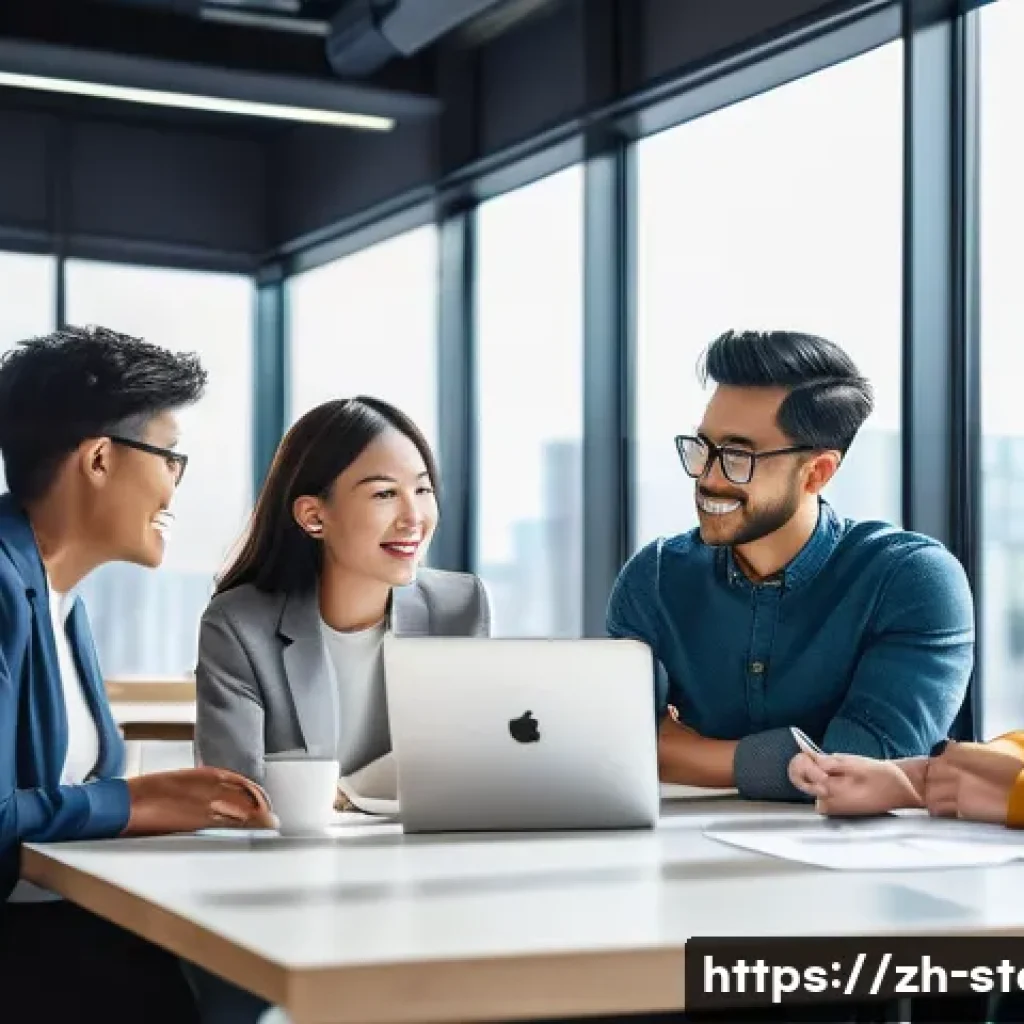 스토리텔러 관련 콘텐츠 제작 전략 - A modern digital marketing team brainstorming in a bright, stylish office with large windows showing...