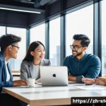 스토리텔러 관련 콘텐츠 제작 전략 - A modern digital marketing team brainstorming in a bright, stylish office with large windows showing...