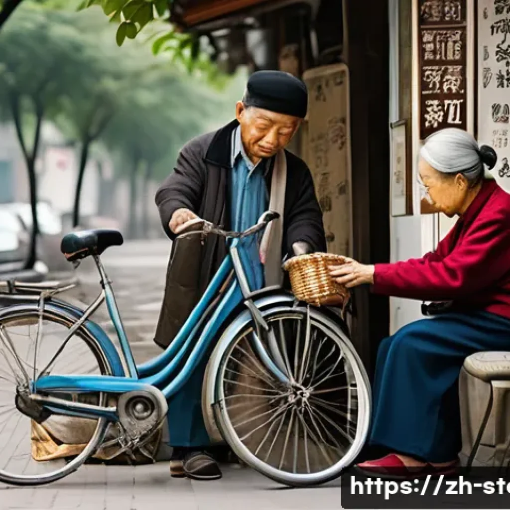 스토리텔러로서 새로운 기회 발굴법 - A serene street scene in modern urban China during daytime, featuring an elderly couple quietly repa...