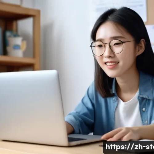 스토리텔러 자격증 시험 준비 노하우 - A modern study scene featuring a young Chinese adult woman sitting at a neat desk in a bright room f...