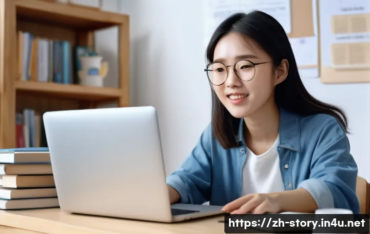 스토리텔러 자격증 시험 준비 노하우 - A modern study scene featuring a young Chinese adult woman sitting at a neat desk in a bright room f...