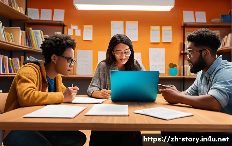스토리텔러 직무에서의 스토리 제작 능력 향상 방법 - A dynamic storytelling scene featuring a diverse group of characters deeply immersed in a creative w...