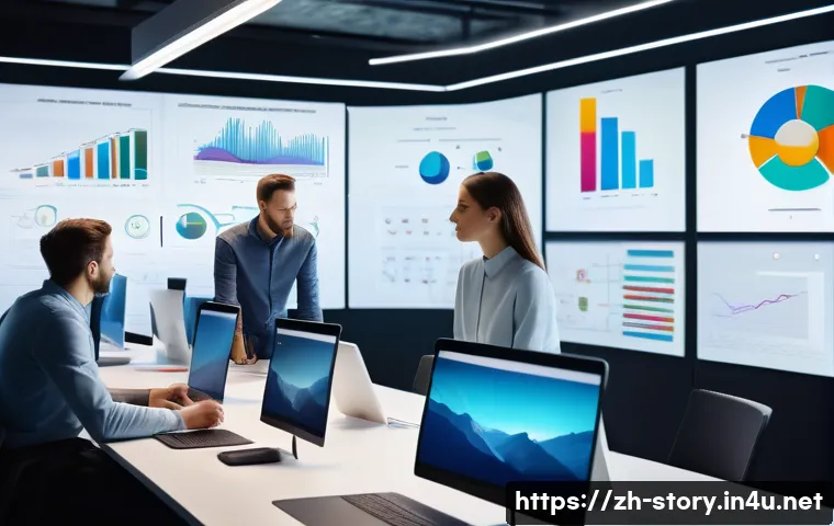 스토리텔러 실무에서의 창의적 문제 해결 사례 연구 - A dynamic creative team in a modern workspace collaborating intensely using digital tools like proje...