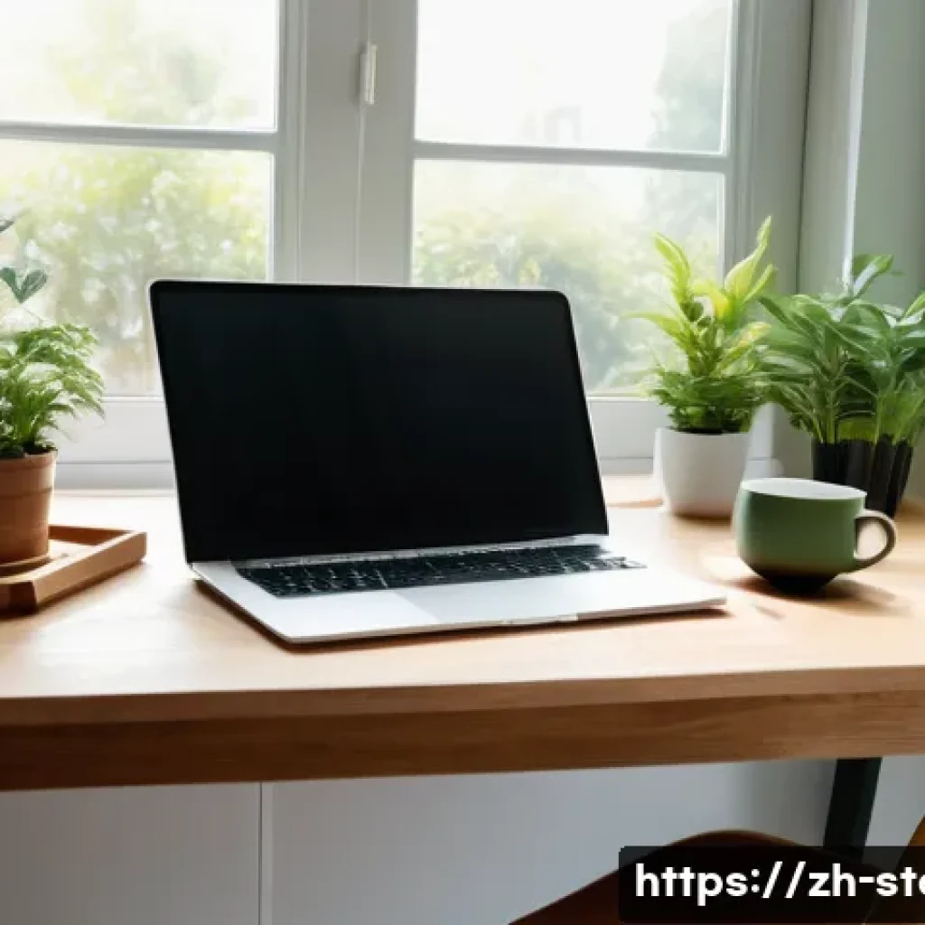 스토리텔러의 워라밸 유지 방법 - A modern, minimalist writer’s workspace bathed in natural sunlight from a large window, featuring a ...