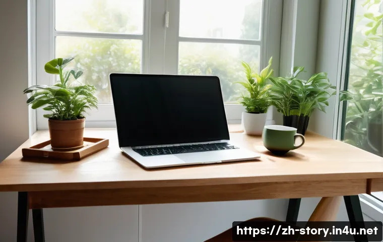 스토리텔러의 워라밸 유지 방법 - A modern, minimalist writer’s workspace bathed in natural sunlight from a large window, featuring a ...