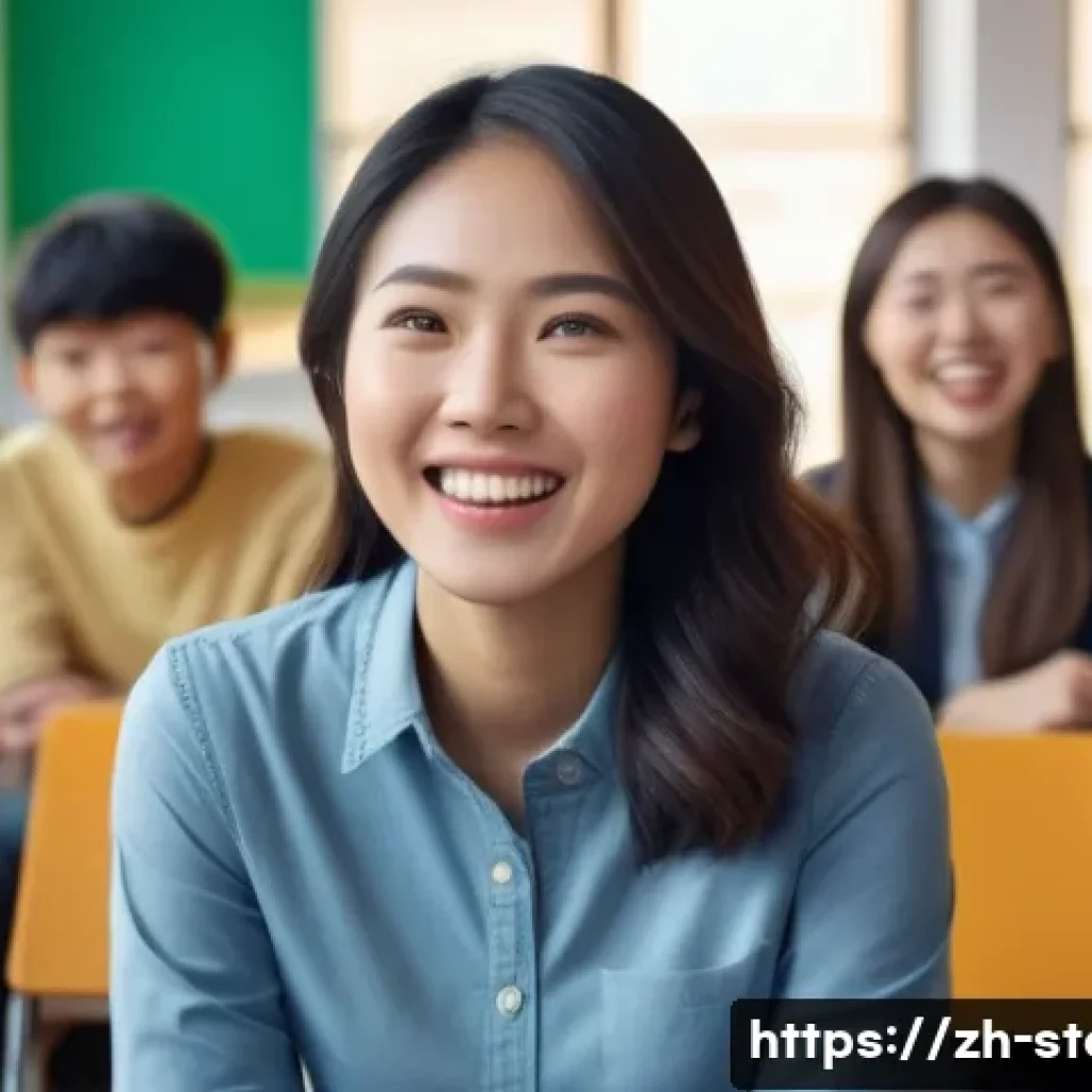 스토리텔러 실기 시험의 핵심 주제 - A dynamic storytelling scene set in a bright classroom with a young Asian woman confidently speaking...